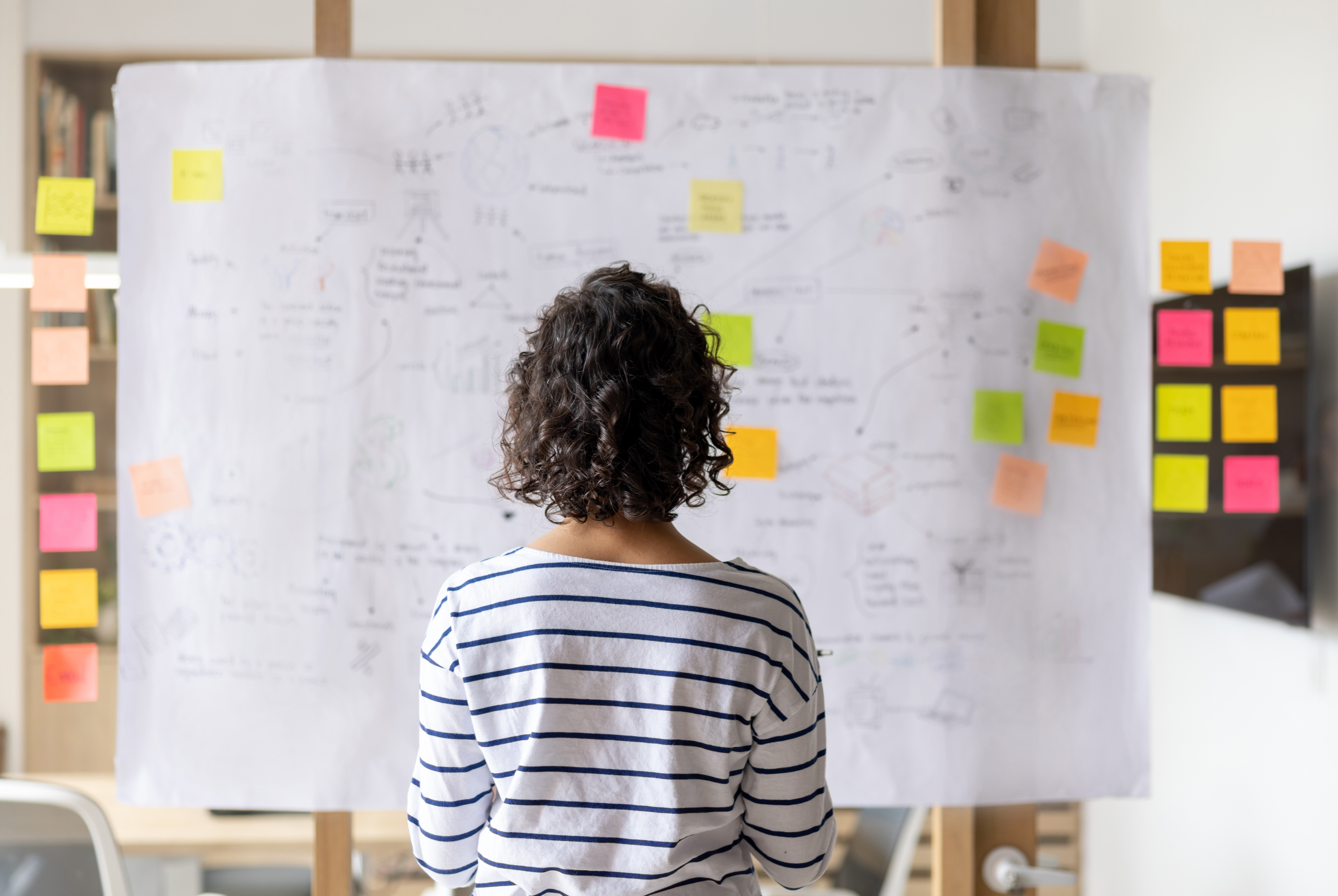 Projektmitarbeiterin steht vor einer Planungswand mit Diagrammen und farbigen Klebezetteln.