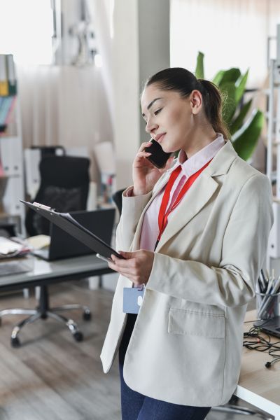 Frau im hellen Blazer telefoniert im Büro und schaut dabei auf ein Klemmbrett in ihrer Hand. 